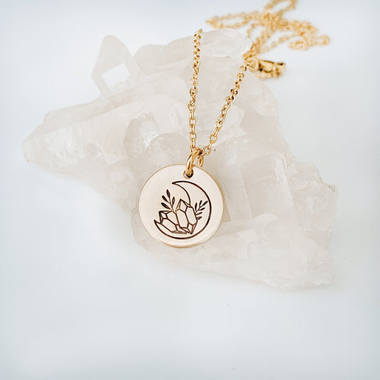 Crystal Moon Hand Stamped Necklace, Goddess, Celestial