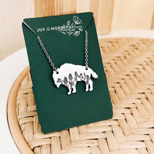 Botanical Bison Necklace, Buffalo, Hand Stamped Necklace